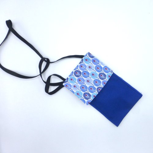 Étui pour téléphone à bandoulière plumes de paon bleues en coton