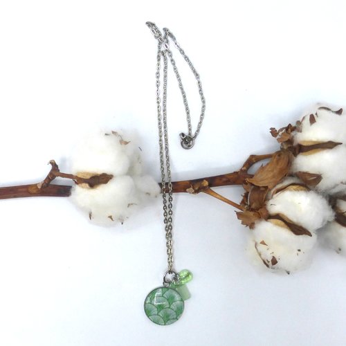 Pendentif rond éventails palmes vert émeraude blanc en cabochon en verre et acier inoxydable