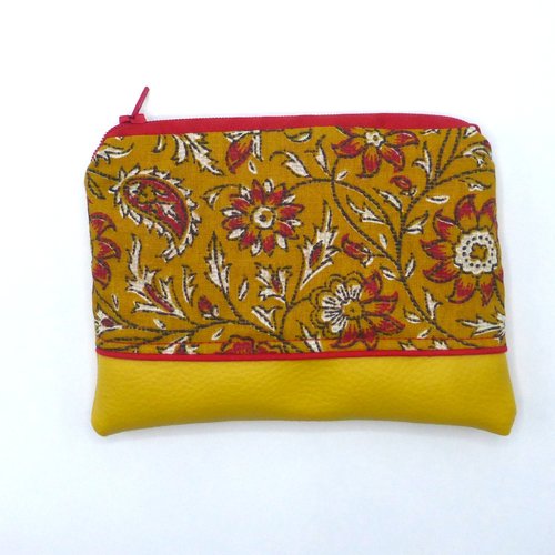 Grand porte monnaie fleurs rouges jaune moutarde ocre en coton et simili-cuir