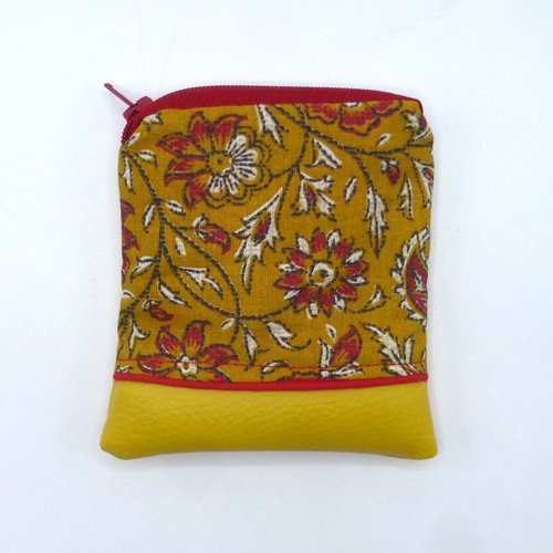 Petit porte monnaie fleurs rouges jaune moutarde ocre en coton et simili-cuir