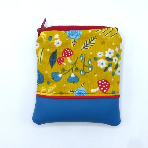 Petit porte monnaie fleurs champignons rouge jaune bleu turquoise pétrole en coton et simili-cuir