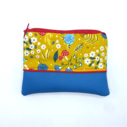 Grand porte monnaie fleurs champignons rouge jaune bleu turquoise pétrole en coton et simili-cuir