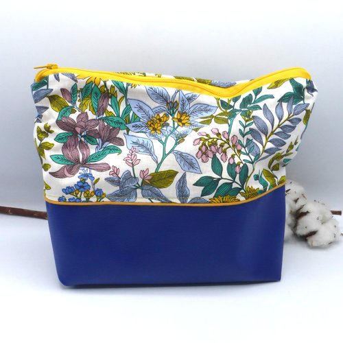 Trousse de toilette doublée fleurs blanc bleu rose jaune blanc vert en coton enduit, coton et simili cuir