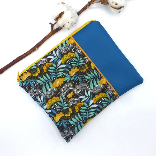 Trousse à maquillage fleurs bleu vert turquoise pétrole jaune noir blanc en coton et simili-cuir