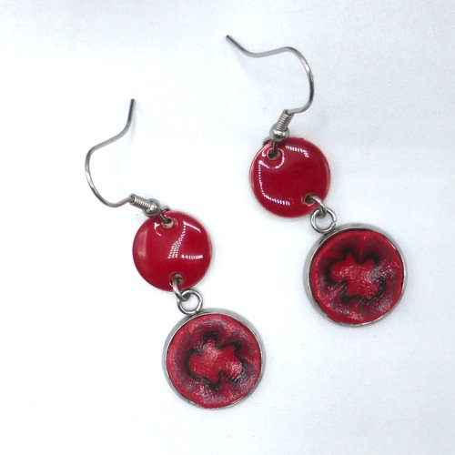 Boucles d'oreilles pendantes fleur rouge noir en cabochon en verre et acier inoxydable