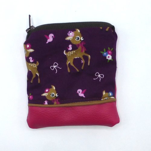 Petit porte monnaie daims faons violet marron rose fuchsia en coton et simili-cuir
