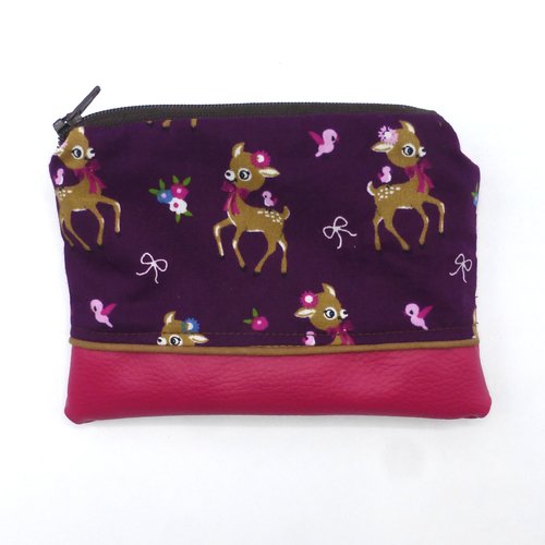 Grand porte monnaie daims cerfs violet marron rose fuchsia en coton et simili-cuir