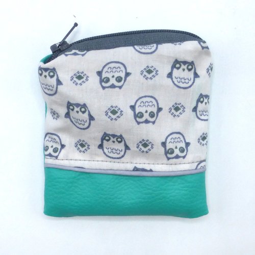 Petit porte monnaie chouettes hiboux gris blanc vert émeraude en coton et simili-cuir