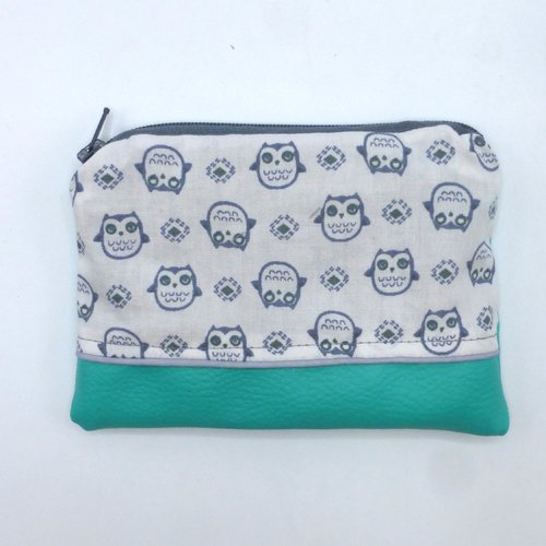 Grand porte monnaie chouettes hiboux gris blanc vert émeraude en coton et simili-cuir