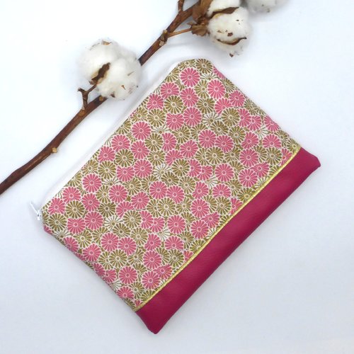 Trousse à maquillage fleurs marguerites blanc rose doré coton et simili-cuir