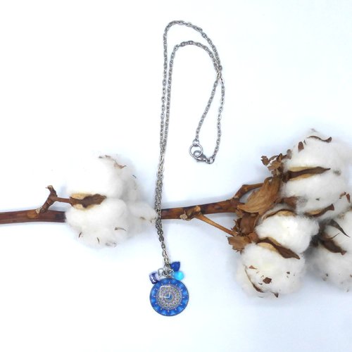 Pendentif rond fleurs bleu en cabochon en verre et acier inoxydable