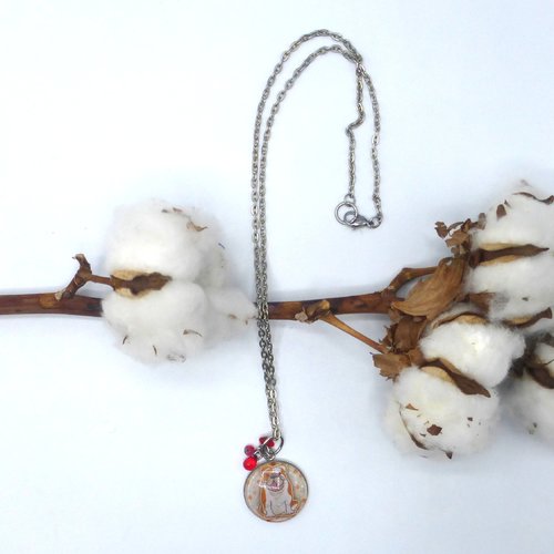 Pendentif rond chien bullbog marron blanc rouge en cabochon en verre et acier inoxydable