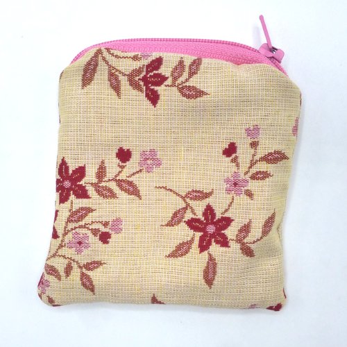 Petit porte monnaie fleurs roses rouges sur fond beige en coton jeans denim