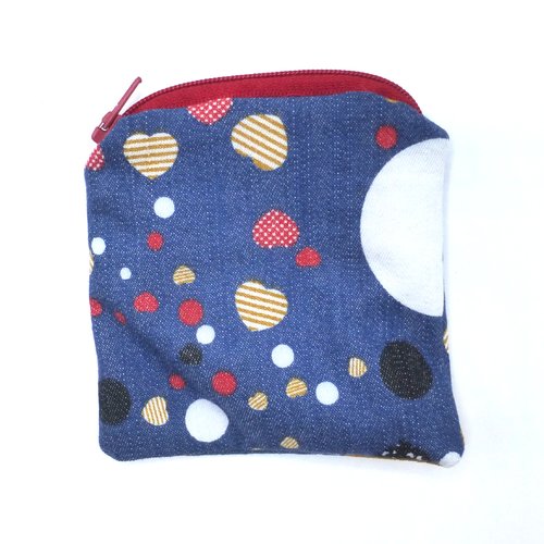 Petit porte monnaie coeurs et pois multicolore sur jeans denim bleu en coton jeans denim
