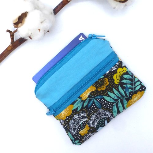 Porte monnaie à poche, fleurs jaunes, noir, blanc, bleu vert turquoise, en coton