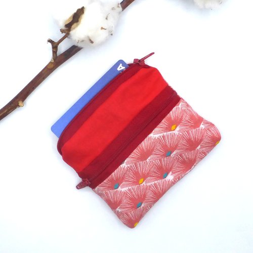 Porte monnaie à poche, éventails rouges et blancs, en coton