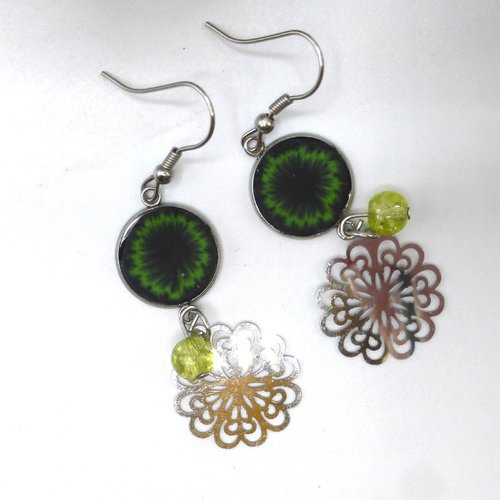 Boucles d'oreilles oeil iris noir vert pomme en pâte polymère