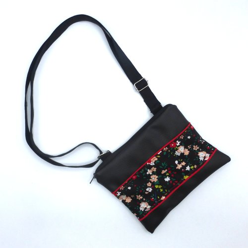 Pochette sac à bandoulière fleurs noir et rouge, coton et simili cuir