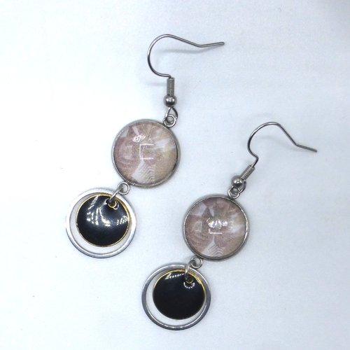 Boucles d'oreilles pendantes feuilles beige noir en cabochon en verre et acier inoxydable