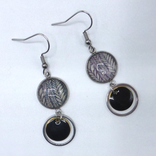 Boucles d'oreilles pendantes tissage beige noir en cabochon en verre et acier inoxydable