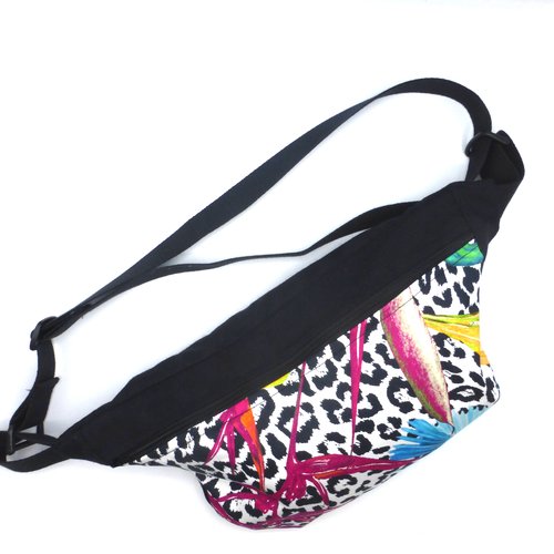Sac banane à bandoulière imprimé léopard feuilles fleurs tropicales noir blanc rose fuchsia bleu jaune en coton, taille xl