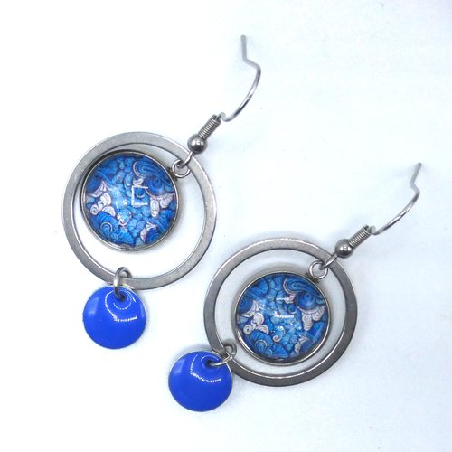 Boucles d'oreilles créoles rondes graphique bleu turquoise en cabochon en verre et acier inoxydable