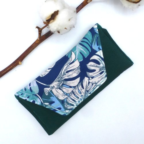 Etui à lunettes molletonné tropical feuilles de monstera vert forêt turquoise bleu-vert en coton