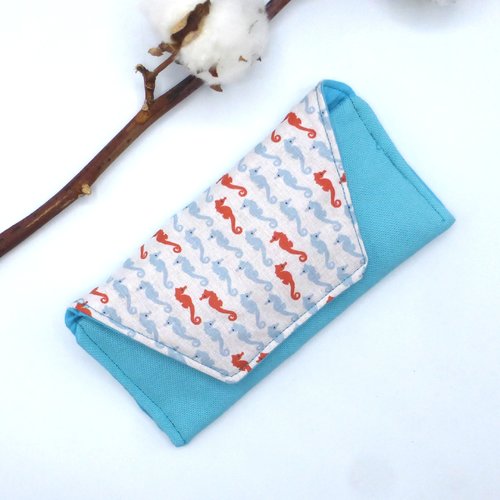 Etui à lunettes molletonné hippocampe bleu turquoise orange en coton