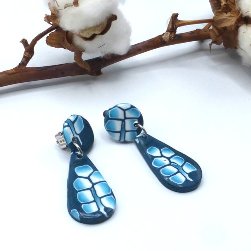 Clips d'oreilles pendantes goutte feuilles turquoise et bleu pétrole en pâte polymère et acier inoxydable