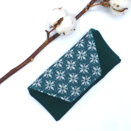 Etui à lunettes molletonné fleurs géométriques vert forêt blanc en coton