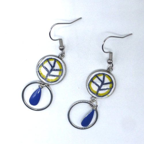 Boucles d'oreilles feuille bleu marine jaune blanc en pâte polymère