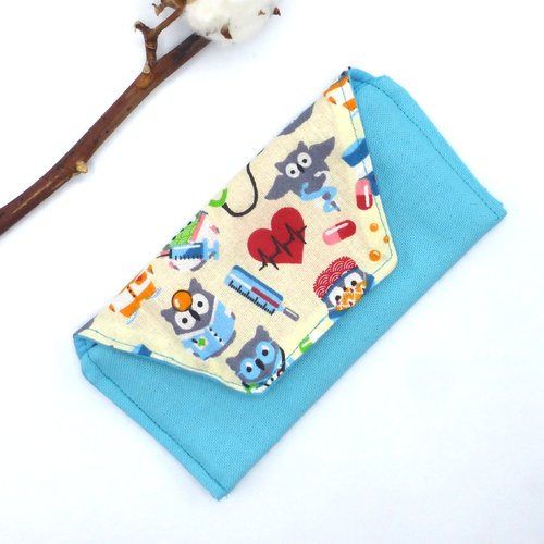 Etui à lunettes molletonné chouette hibou médecin infirmier médical garçon bleu turquoise multicolore en coton
