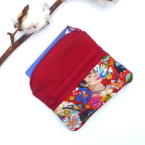 Porte monnaie à poche, frida kahlo, fleurs, rouge, multicolore, en coton