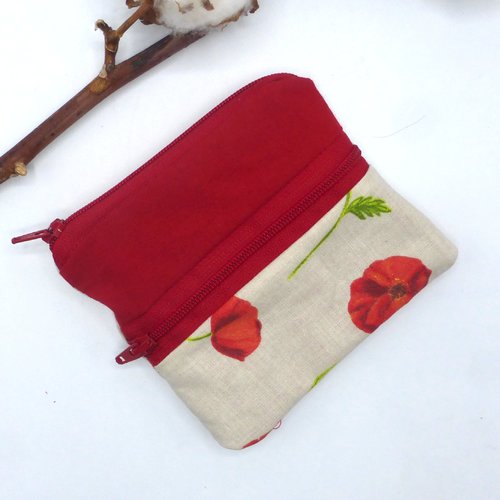Porte monnaie à poche, fleurs coquelicots pavots rouges, beige, en coton
