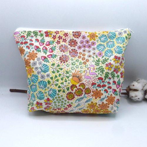 Reserve le gall trousse de toilette doublée fleurs flamants roses multicolores colorées bord de mer été en coton enduit, femme, fille