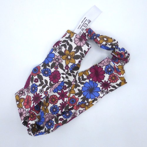Bandeau femme fleurs multicolores bleu corail bordeaux en coton 57 cm