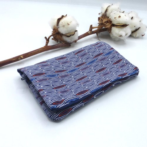Portefeuille motif géométrique bleu marine et blanc, en coton