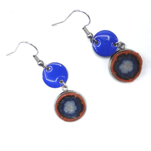 Boucles d'oreilles fleur bleu marron en pâte polymère