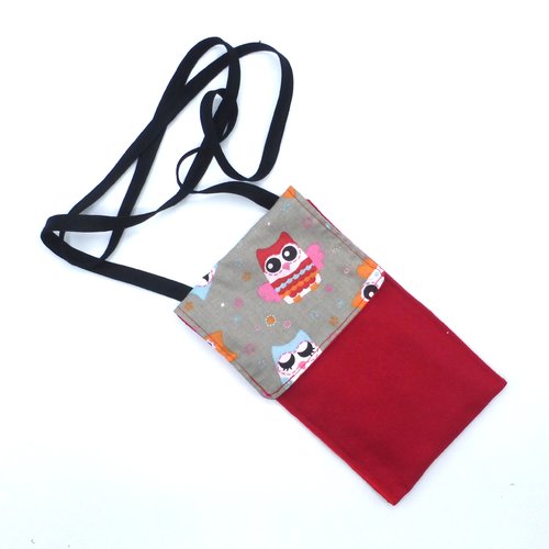 Étui pour téléphone à bandoulière chouettes hiboux rouge gris en coton