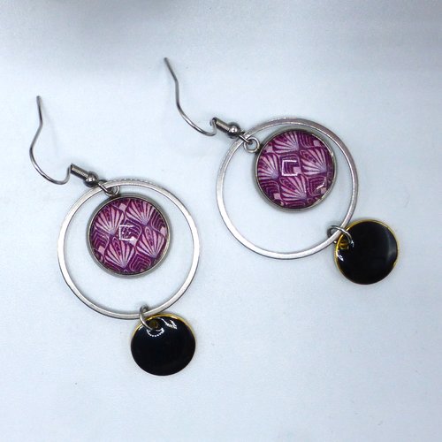 Boucles d'oreilles créoles éventails violet prune en cabochon en verre
