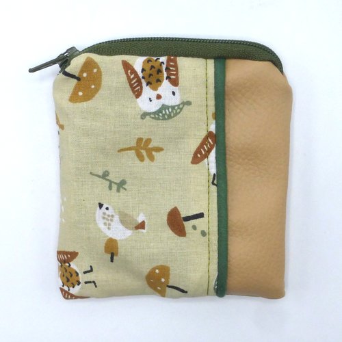 Petit porte monnaie chouettes hiboux beige vert kaki en coton et simili-cuir