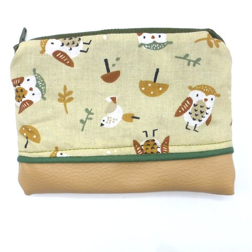 Grand porte monnaie chouettes hiboux beige vert kaki en coton et simili-cuir