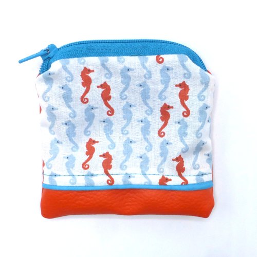 Petit porte monnaie hippocampe orange bleu turquoise en coton et simili-cuir