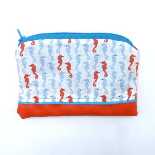 Grand porte monnaie hippocampe orange bleu turquoise en coton et simili-cuir