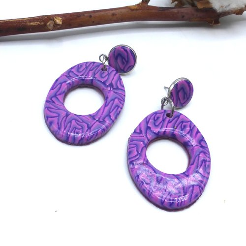 Boucles d'oreilles créoles ovales fleurs roses violet mauve rose en pâte polymère