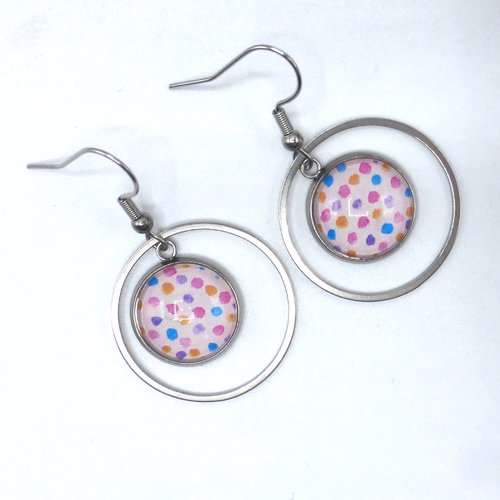 Boucles d'oreilles créoles pois multicolores en cabochon en verre