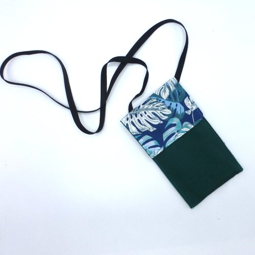 Étui pour téléphone à bandoulière feuilles de monstera vert forêt bleu turquoise en coton