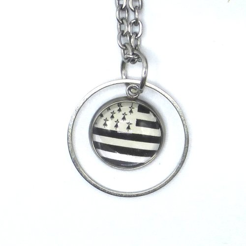 Pendentif rond bretagne drapeau breton noir et blanc en cabochon en verre et acier inoxydable