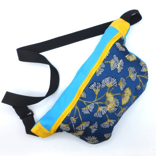 Sac banane à bandoulière feuilles de ginkgo bleu turquoise marine roy jaune en coton, taille xl