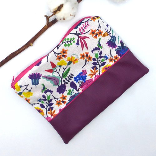 Trousse à maquillage fleurs multicolores violet rose fuchsia coton et simili-cuir